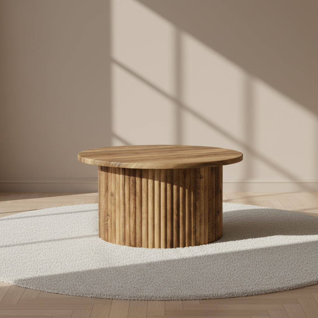 Table basse ronde ton noyer, pied cannelé – mise en scène