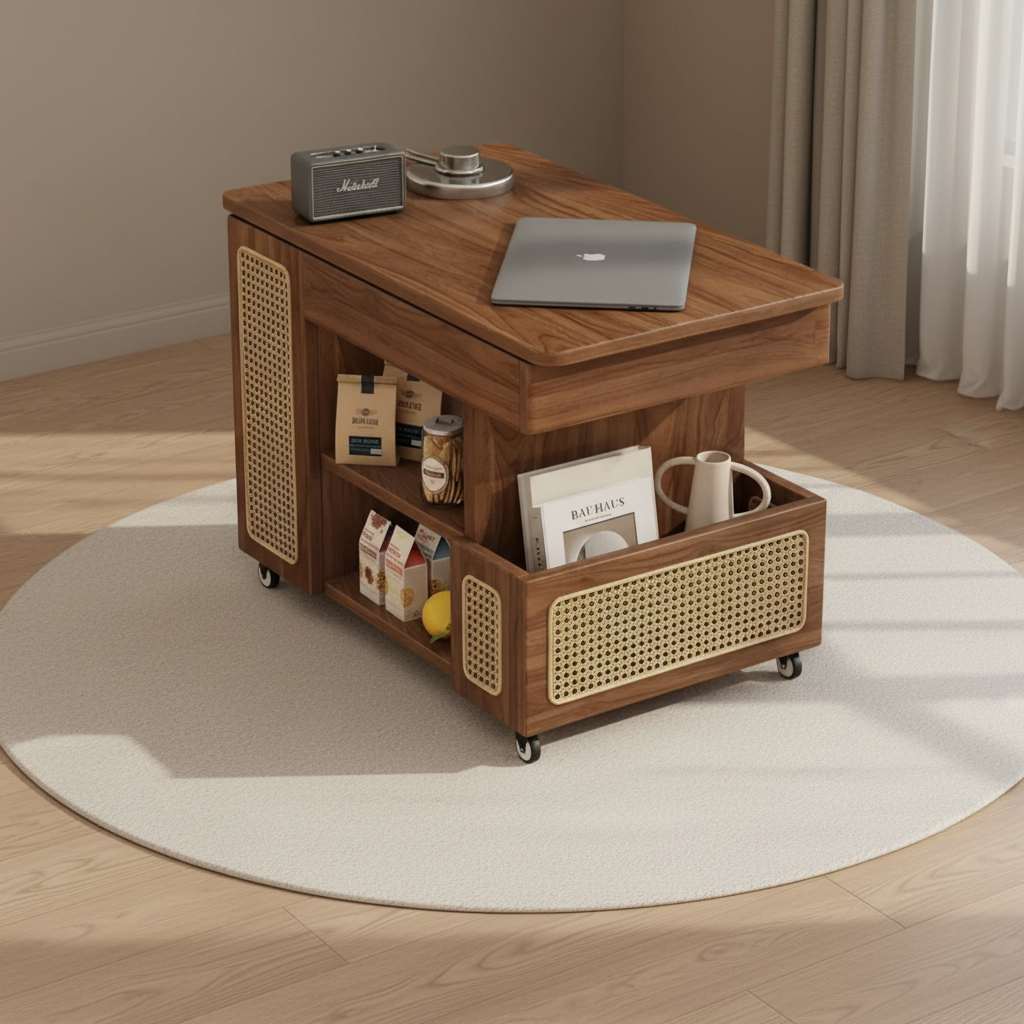 Table d'appoint relevable en noyer et cannage, mise en scène