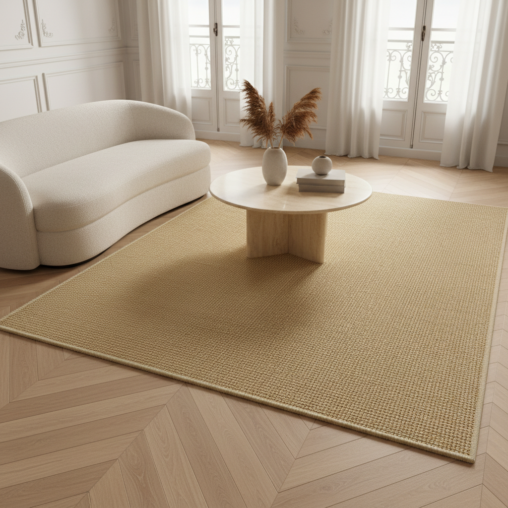 Tapis effet sisal AUBRYNE dans un salon parisien, canapé bouclette et table en travertin