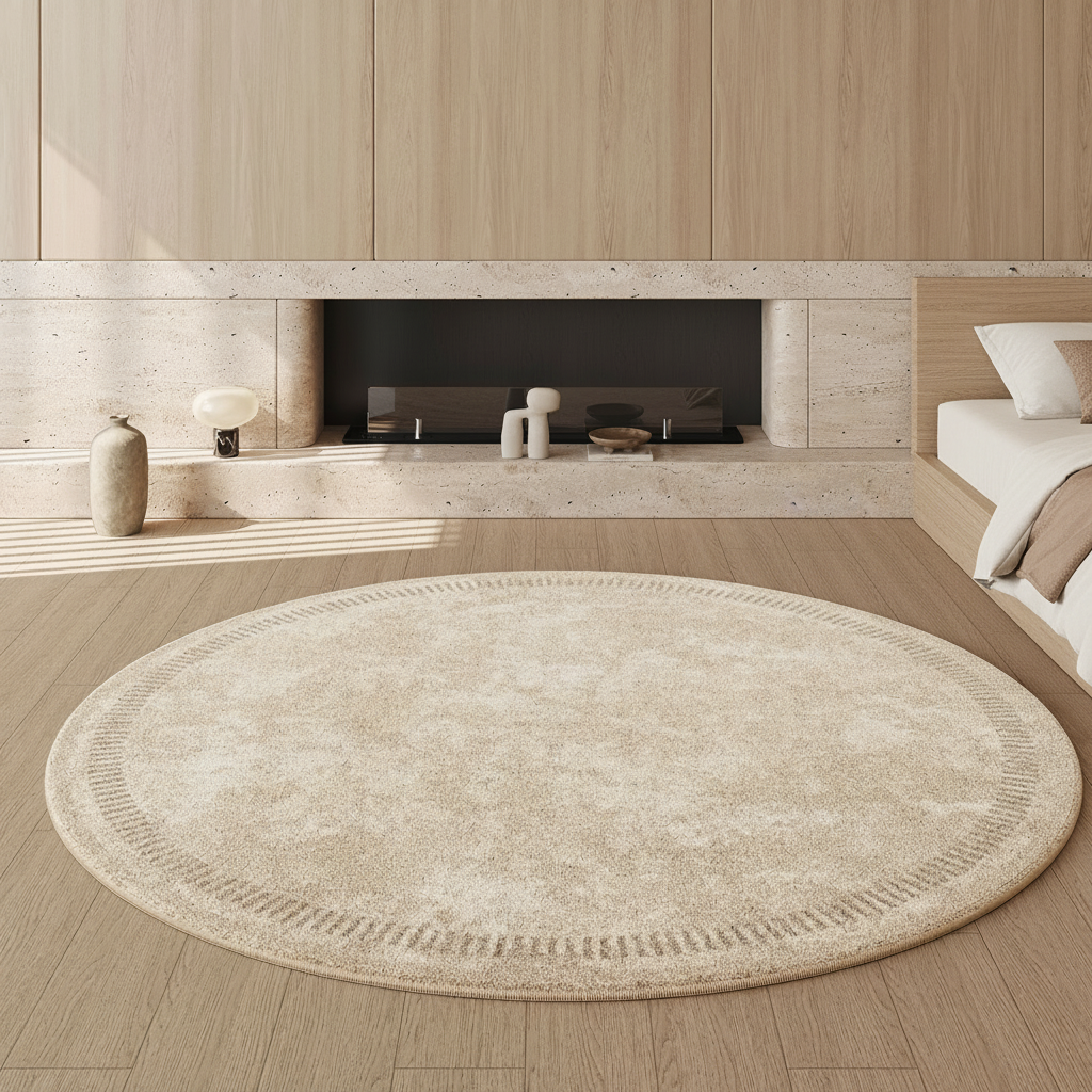 Tapis rond effet cachemire AUBRYNE tons sable, mise en scène dans une chambre lumineuse
