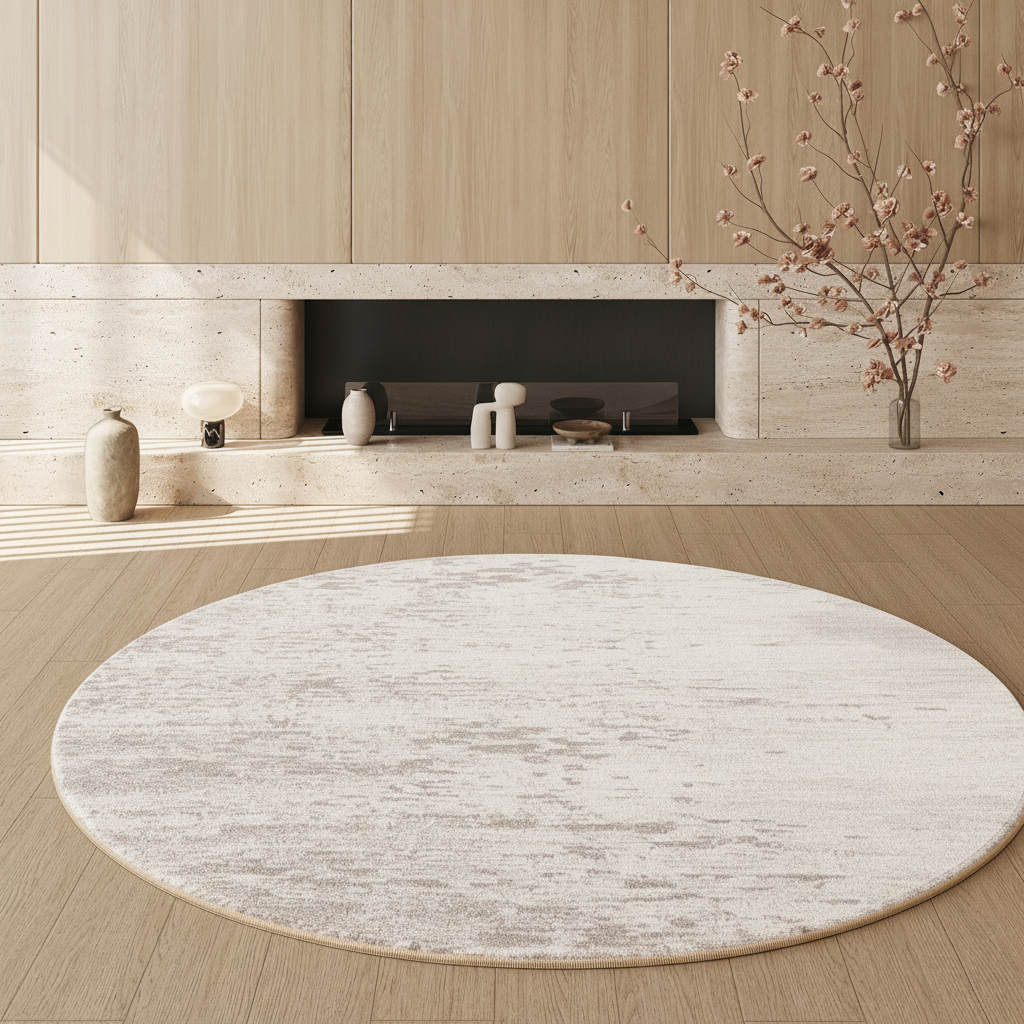 Tapis rond effet cachemire AUBRYNE nuances nacrées, mise en scène dans une chambre lumineuse