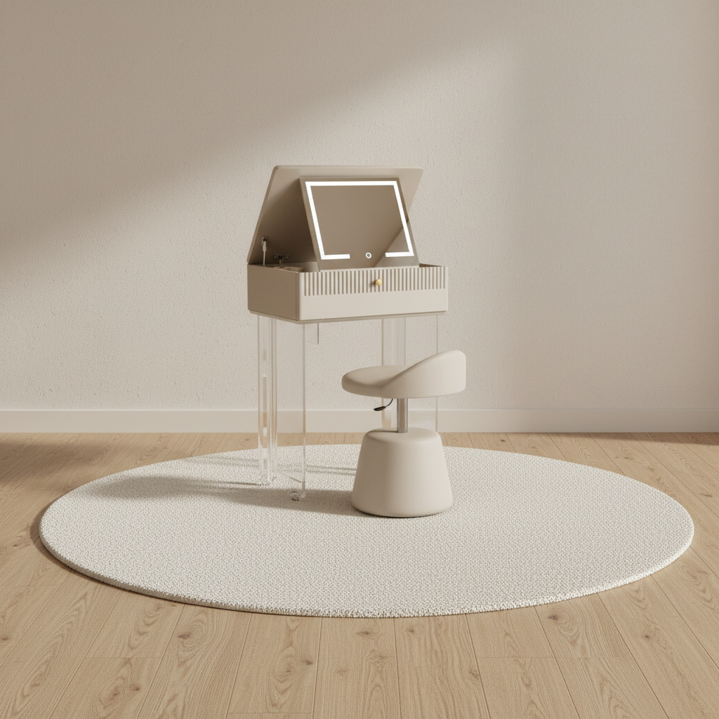 Petite coiffeuse mobile crème à plateau relevable – mise en scène