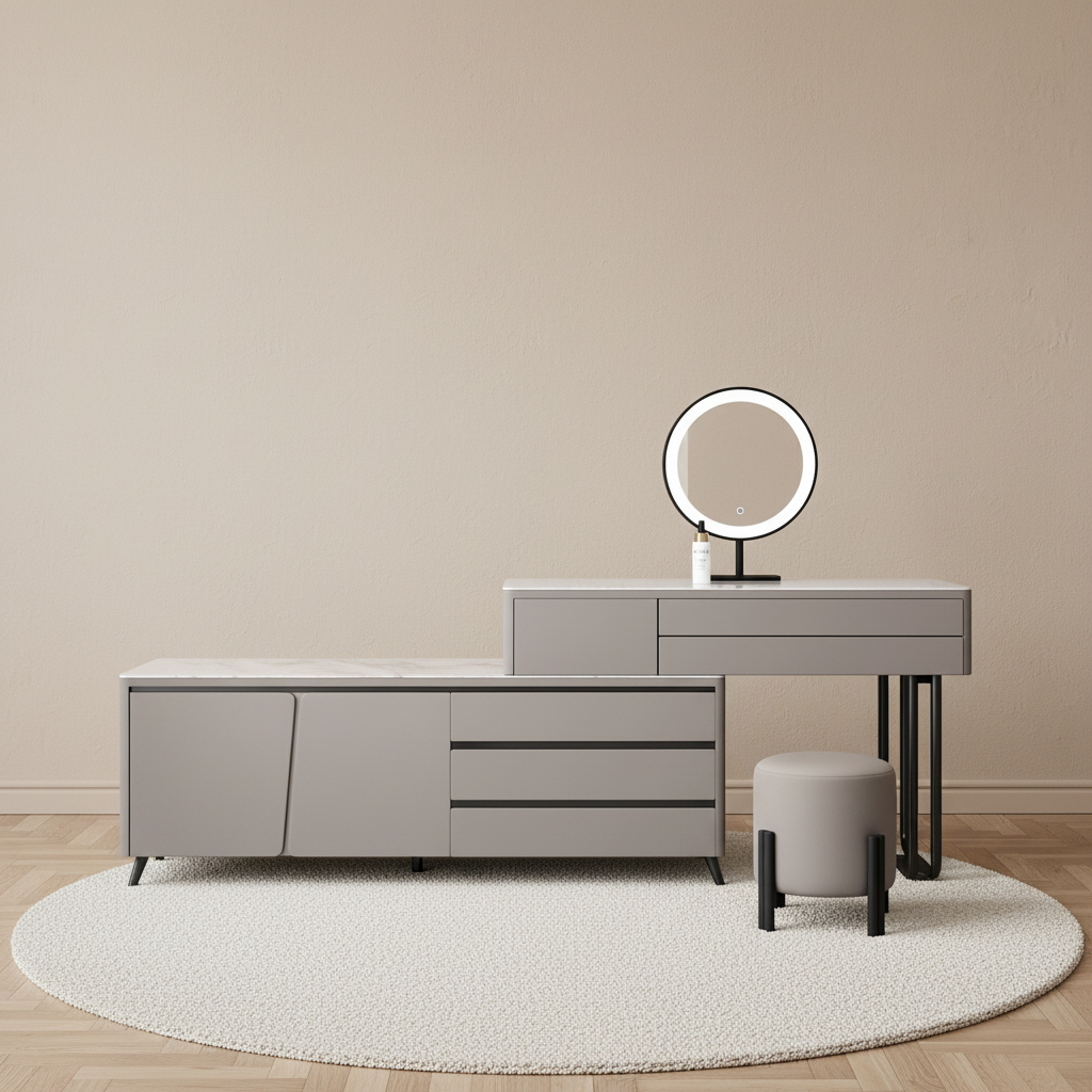 Coiffeuse grise avec meuble à tiroirs et miroir LED rond – mise en scène