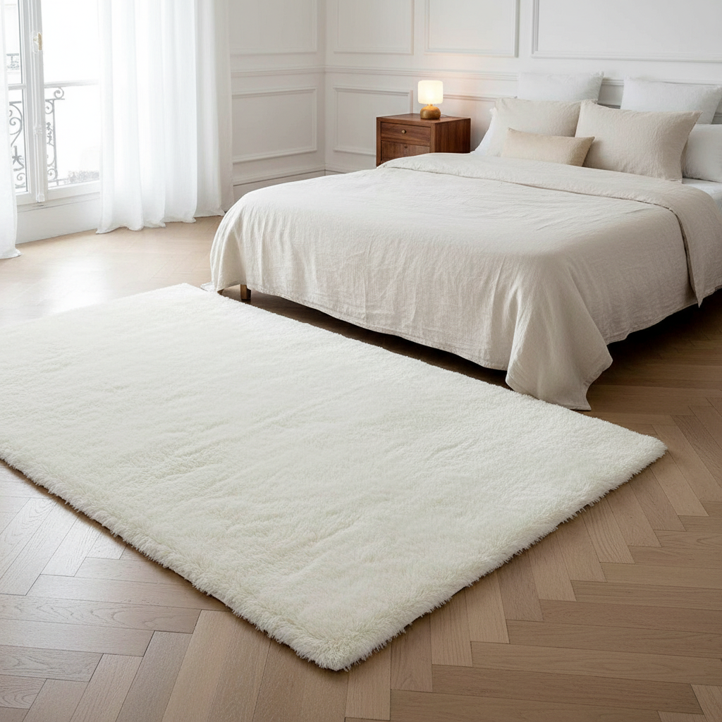 Tapis shaggy AUBRYNE blanc crème au pied du lit dans une chambre parisienne