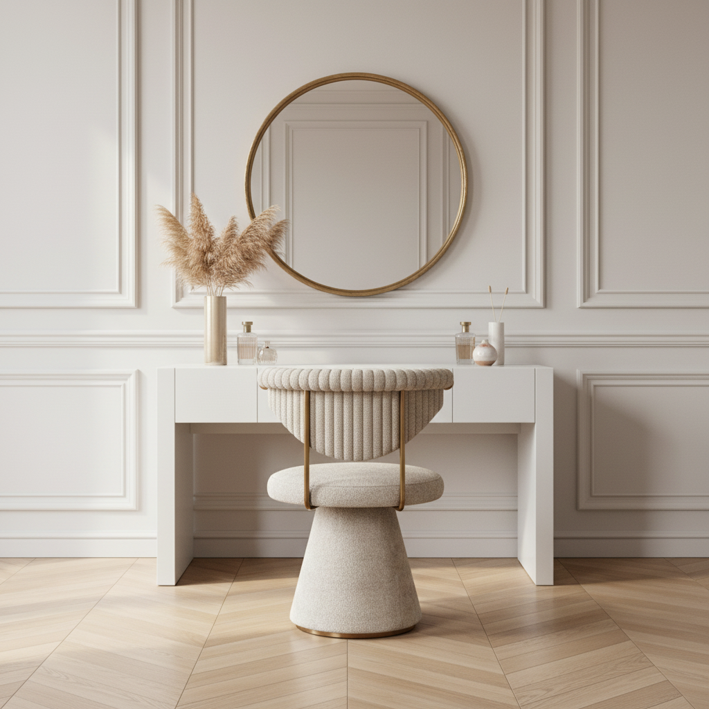 Chaise de coiffeuse bouclée AUBRYNE devant une coiffeuse dans une chambre parisienne haussmannienne