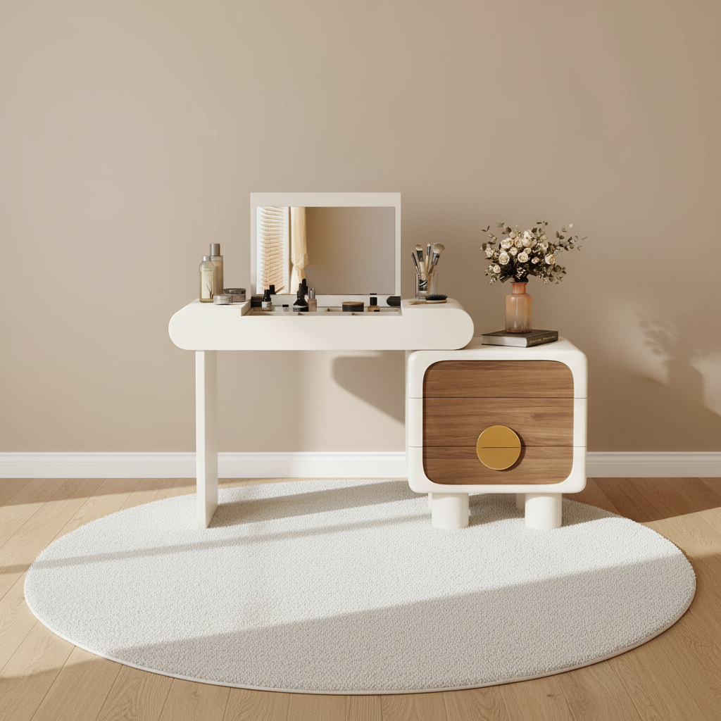 Coiffeuse crème à plateau laqué relevable avec meuble noyer – mise en scène