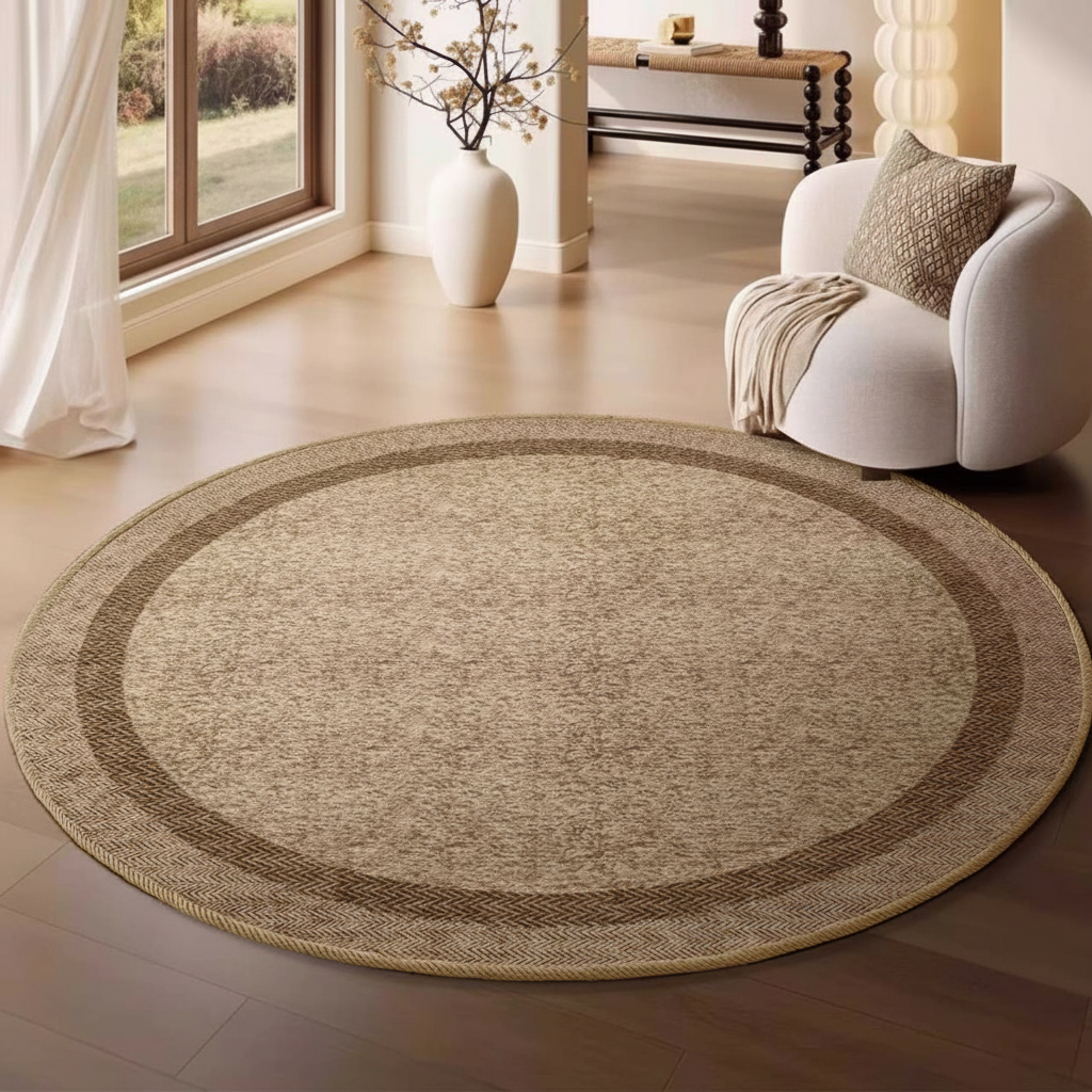 Tapis rond bouclé AUBRYNE bordure moka, mise en scène dans un salon lumineux