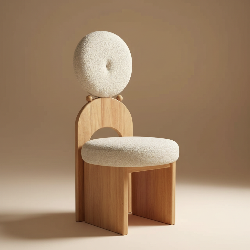 Fauteuil sculptural en bouclette – coloris Bois clair & beige
