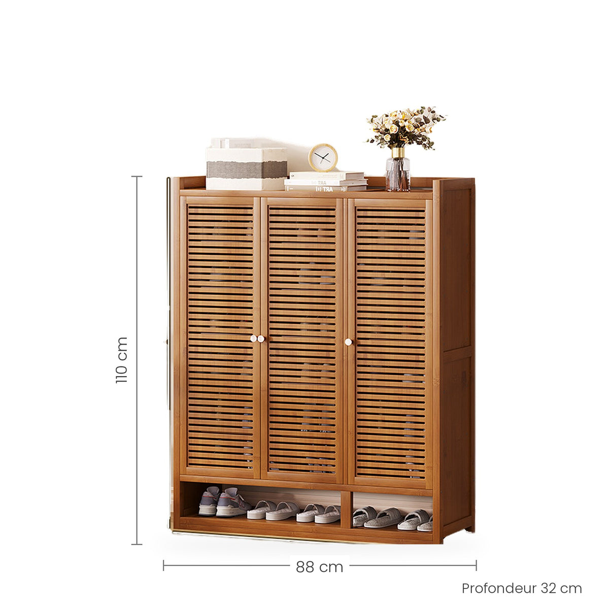 Meuble à chaussures en bambou à portes persiennes, 3 portes, 88 cm