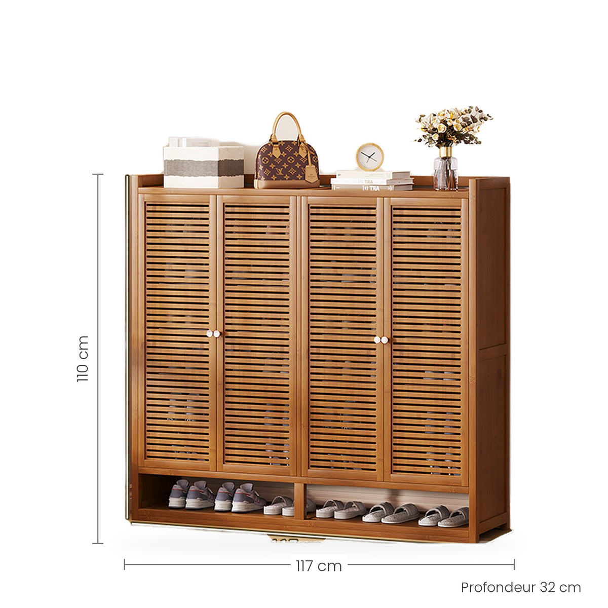 Meuble à chaussures en bambou à portes persiennes, 4 portes, 117 cm