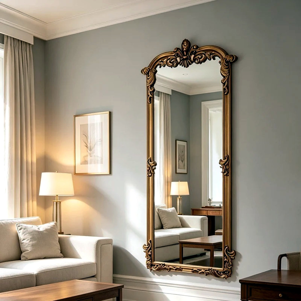 Grand miroir baroque doré dans un salon lumineux