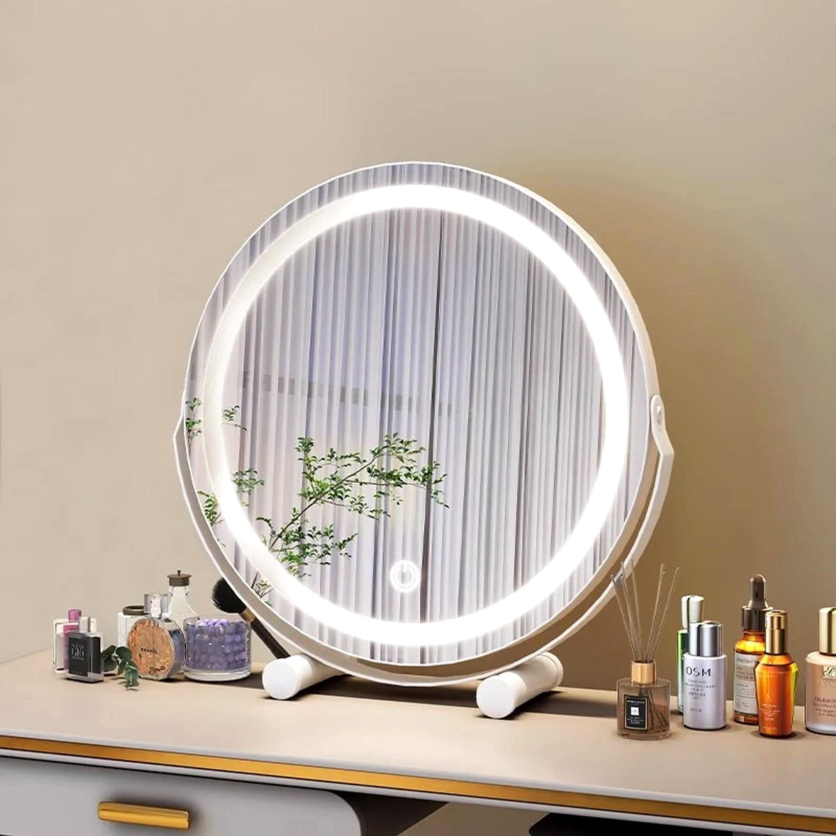 Miroir de coiffeuse rond LED blanc lunaire sur une coiffeuse