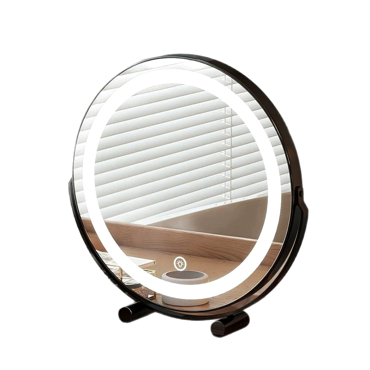 Miroir de coiffeuse rond LED noir sur fond blanc