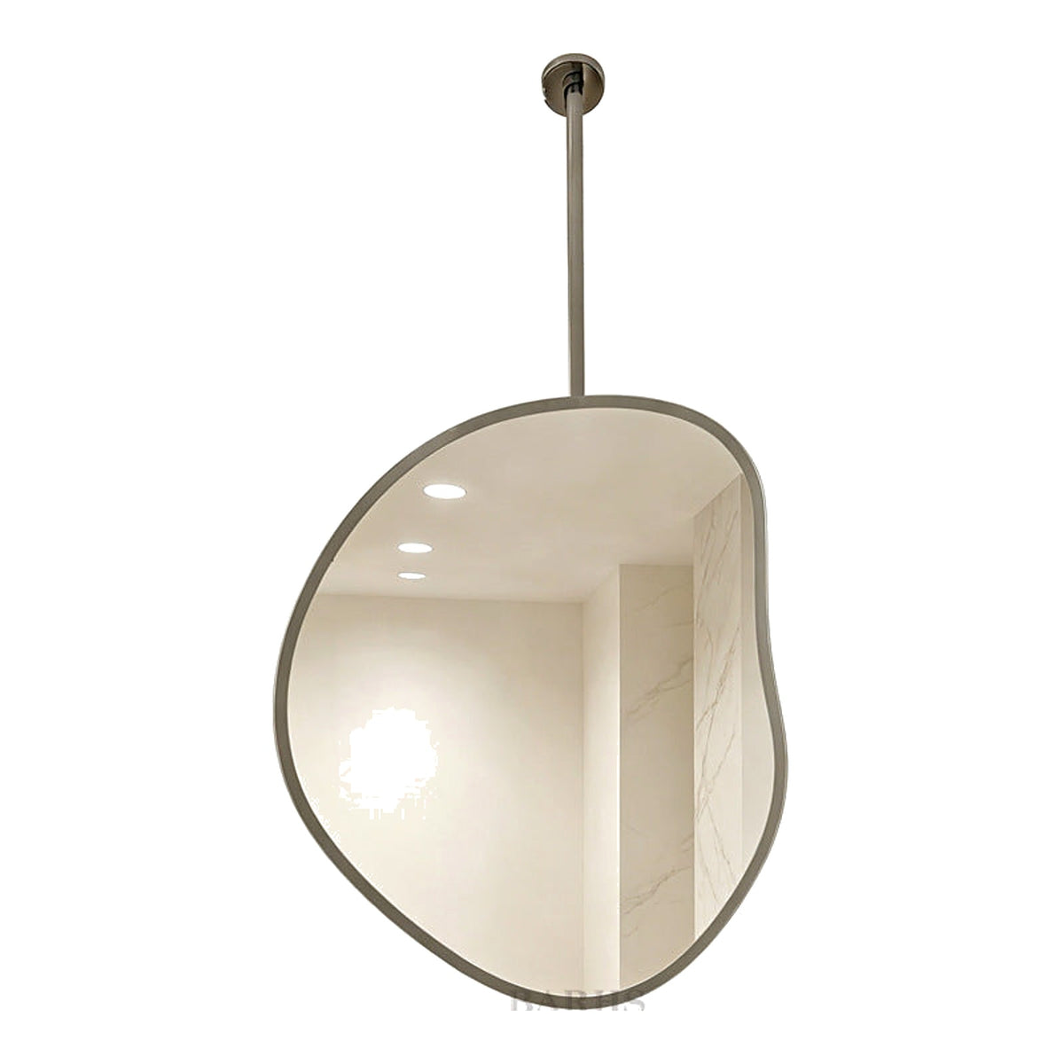 Miroir suspendu organique cadre inox avec tige plafond