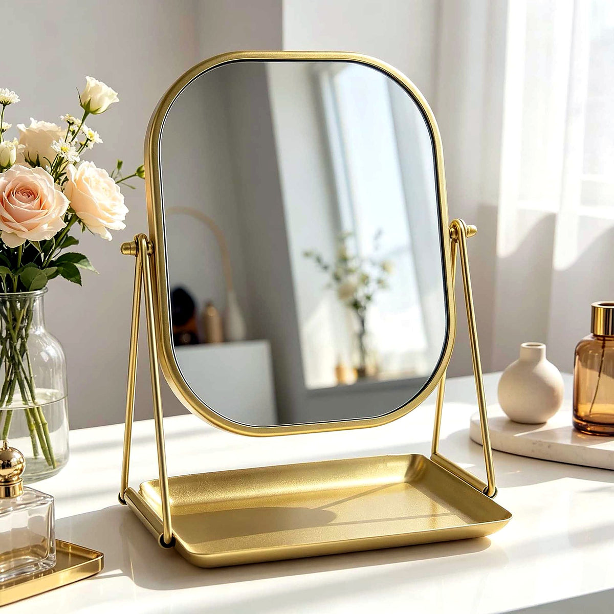 Miroir de table doré avec plateau vide-poche