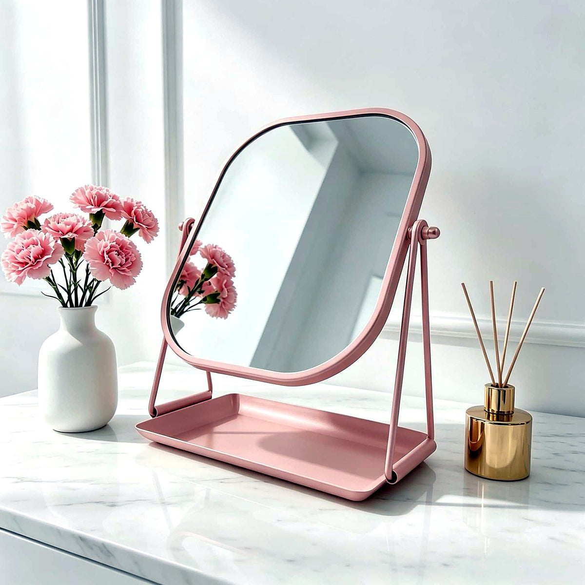 Miroir de table rose poudré avec plateau