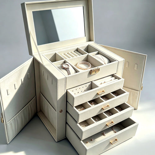 Coffret à bijoux AUBRYNE blanc crème, plateau miroir ouvert