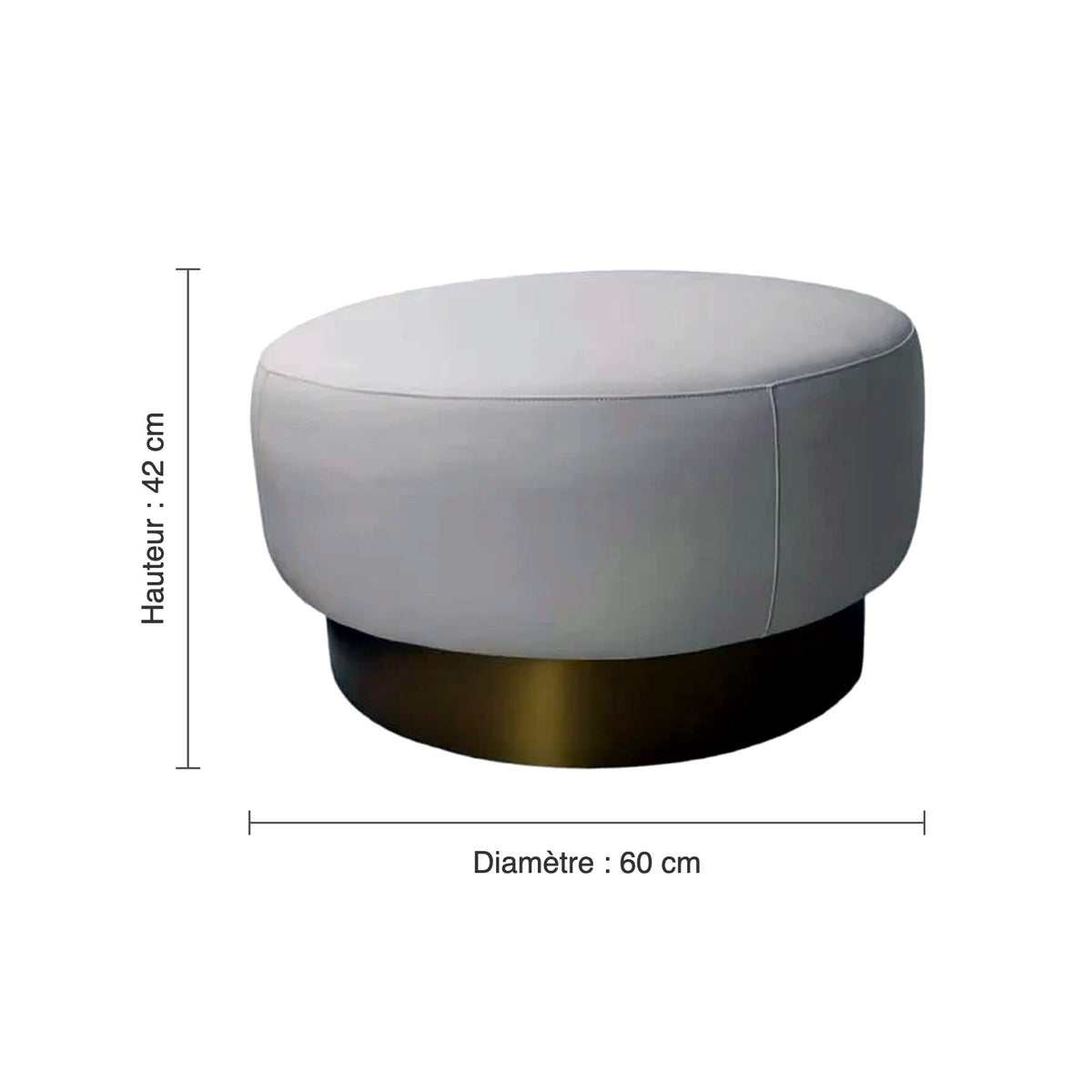 Dimensions du pouf rond crème : diamètre 60 cm, hauteur 42 cm