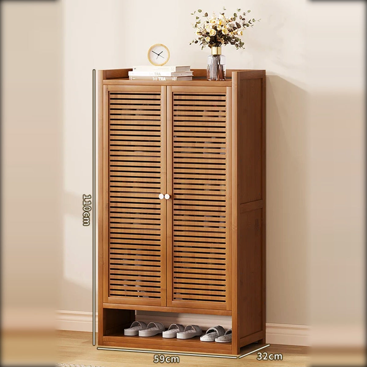 Meuble à chaussures en bambou 2 portes, 59 cm