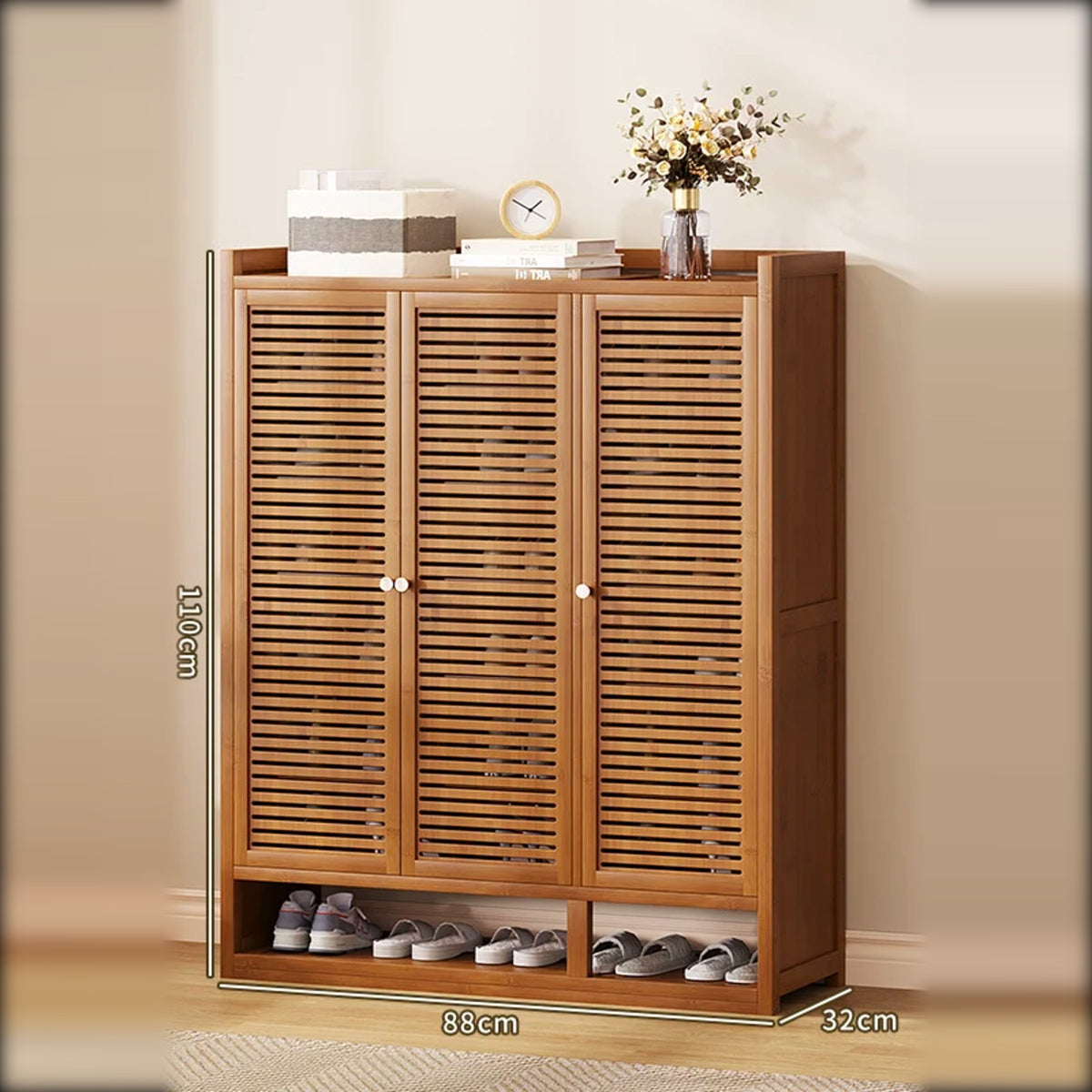 Meuble à chaussures en bambou 3 portes, 88 cm