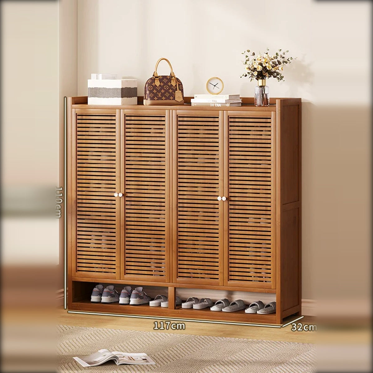 Meuble à chaussures en bambou 4 portes, 117 cm