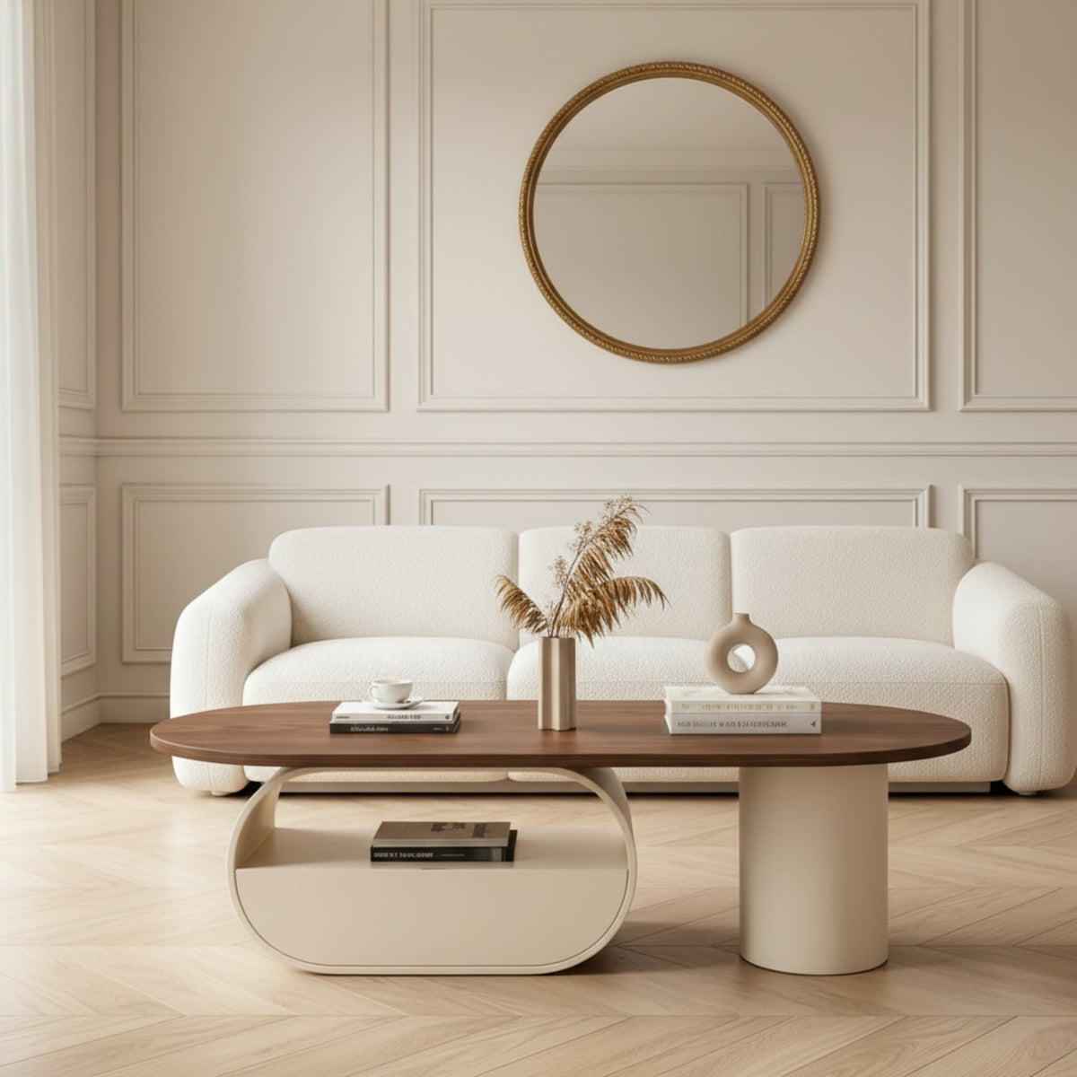 Table basse ovale noyer et crème – mise en scène dans un salon haussmannien