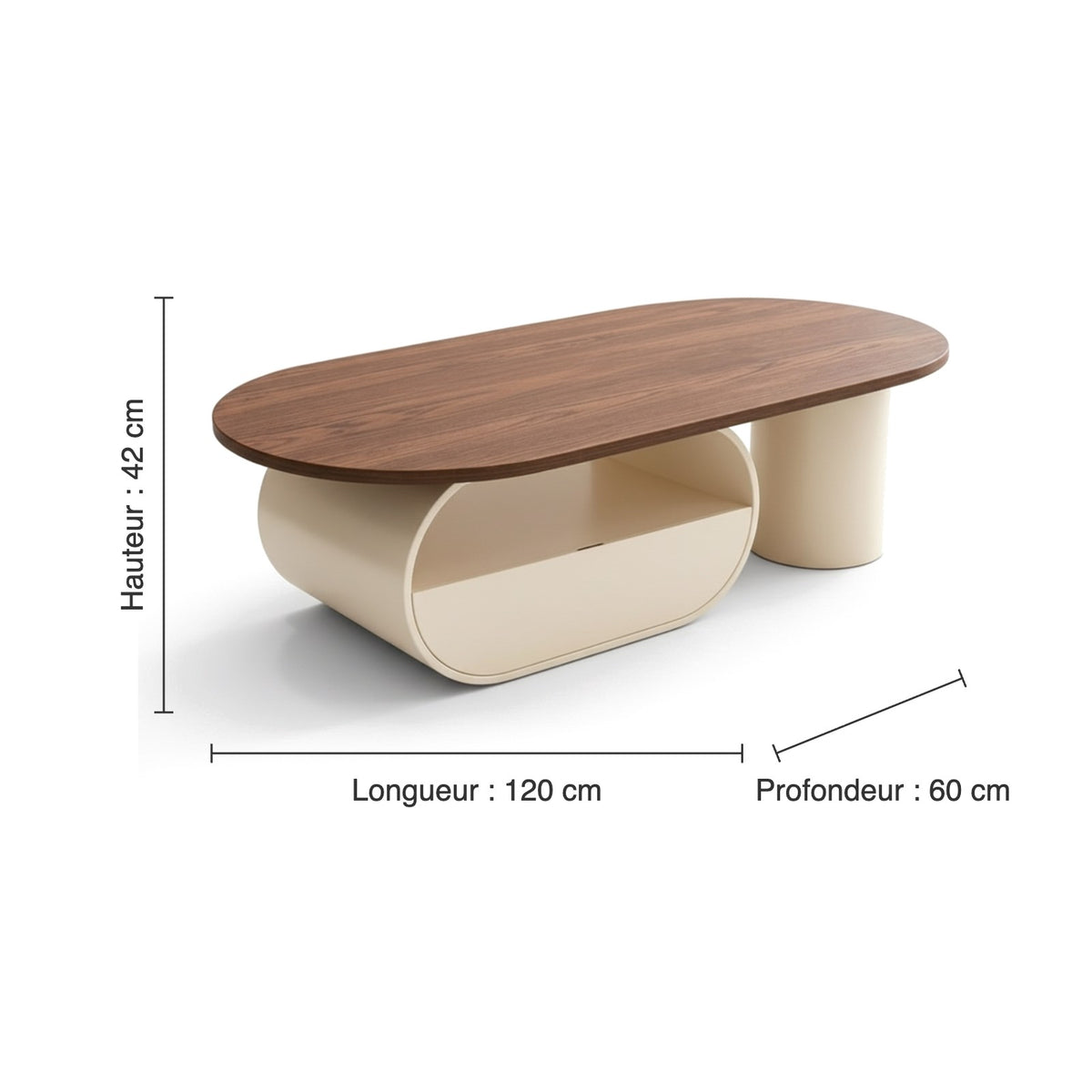Table basse ovale AUBRYNE, dimensions : 120 × 60 cm, hauteur 42 cm