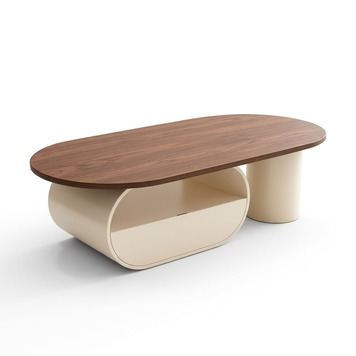 Table basse ovale AUBRYNE ton noyer et base crème, fond blanc