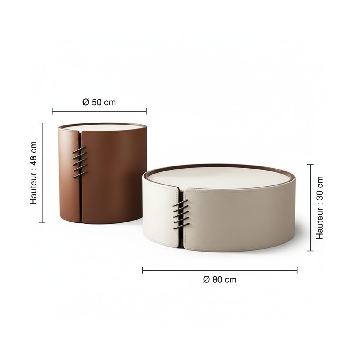 Dimensions des tables basses rondes AUBRYNE : Ø 80 cm H 30 cm et Ø 50 cm H 48 cm