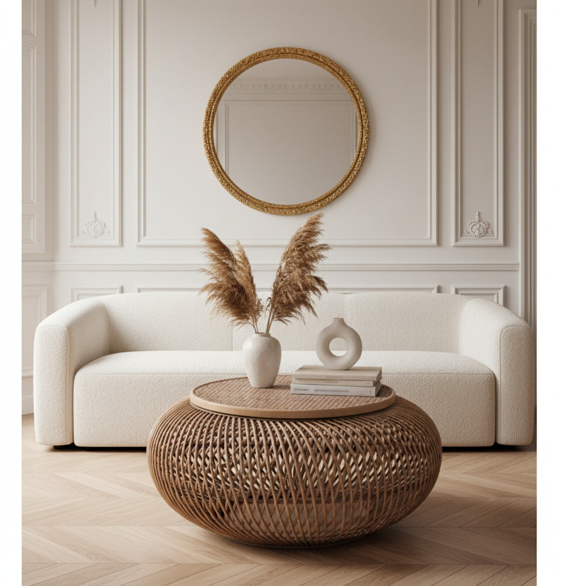 Table basse ronde en rotin et cannage – mise en scène dans un salon haussmannien