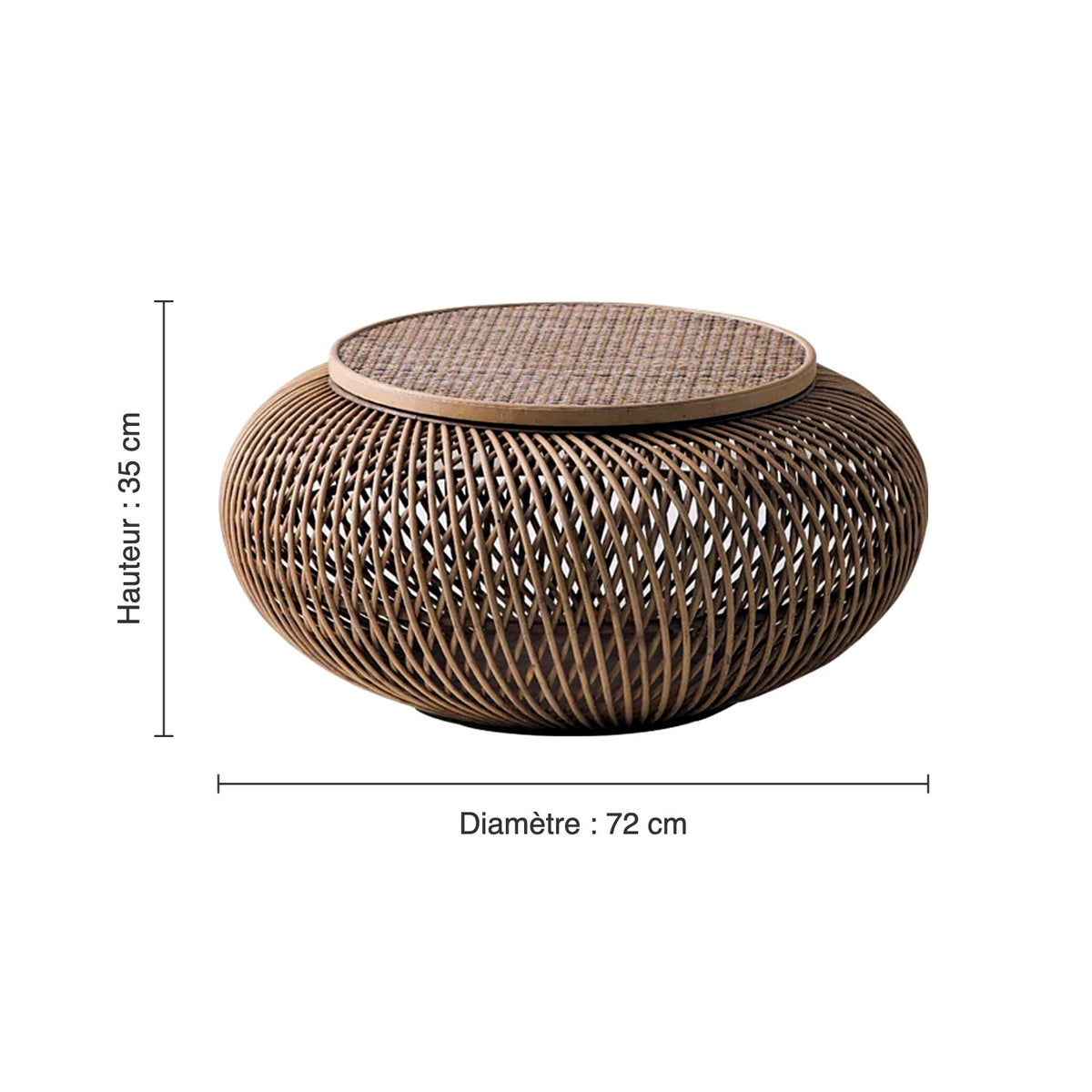 Table basse ronde en rotin AUBRYNE, dimensions : Ø 72 cm, hauteur 35 cm